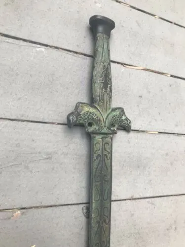 Antique Archaistic Verdigris Phoenix Metal Ceremonial Sword Dagger