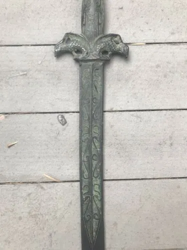 Antique Archaistic Verdigris Phoenix Metal Ceremonial Sword Dagger