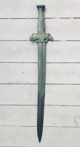 Antique Archaistic Verdigris Phoenix Metal Ceremonial Sword Dagger