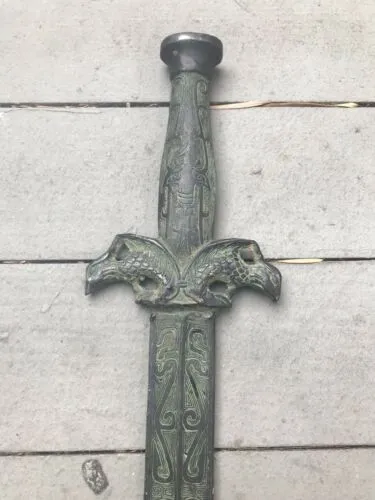 Antique Archaistic Verdigris Phoenix Metal Ceremonial Sword Dagger