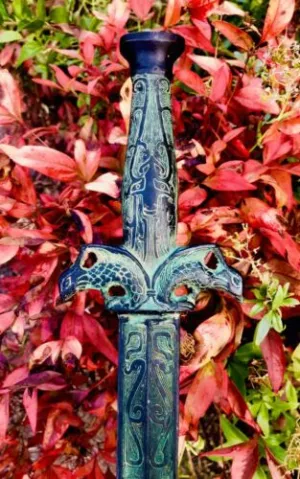 Antique Archaistic Verdigris Phoenix Metal Ceremonial Sword Dagger