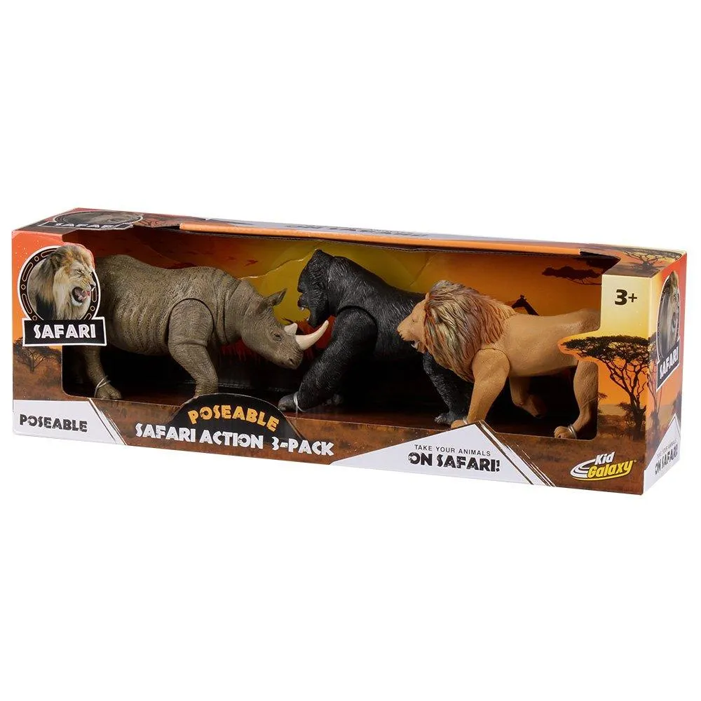 Kid Galaxy Lion, Rhino, Gorilla Plastic Educational Posable Safari Animal Figures (3 Piece), Yellow